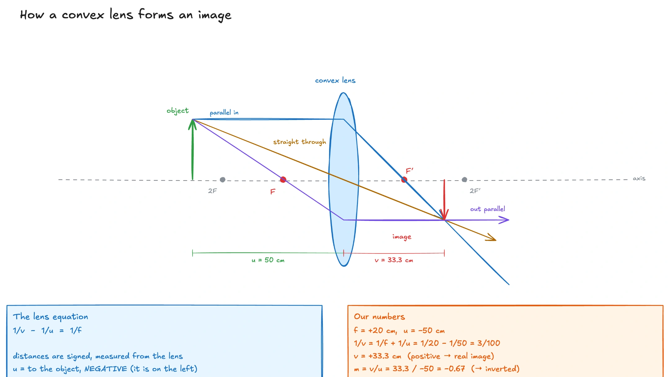 A convex lens ray diagram with focal points and an image